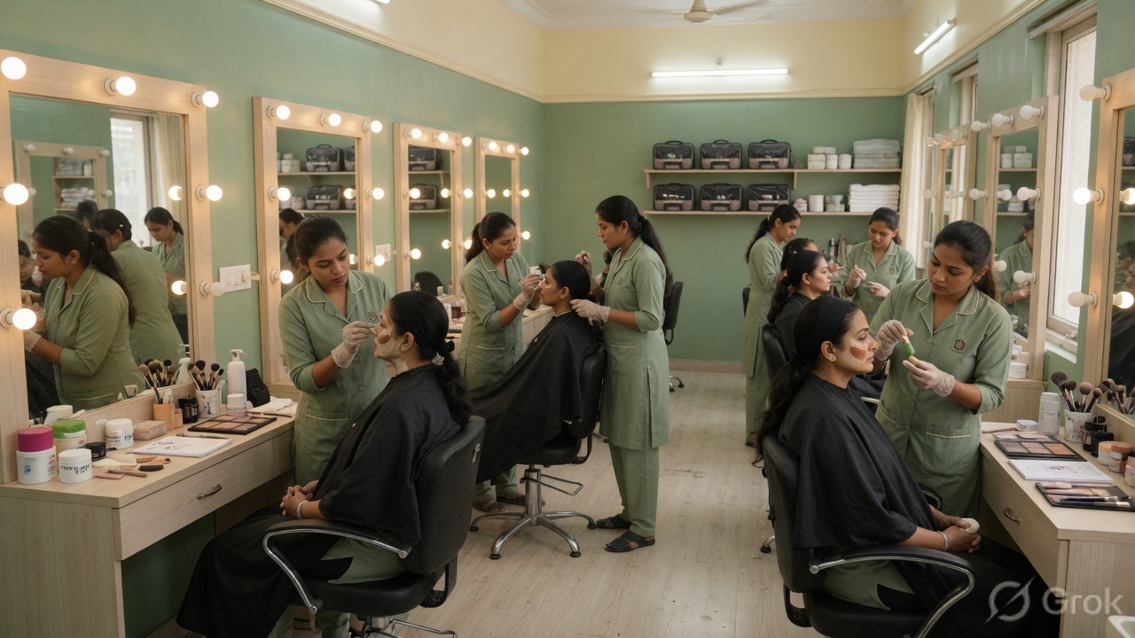 Beautician students practising makeup at vanity mirrors