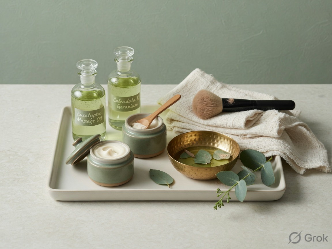 Oils, cream jars and a makeup brush used in Anora training