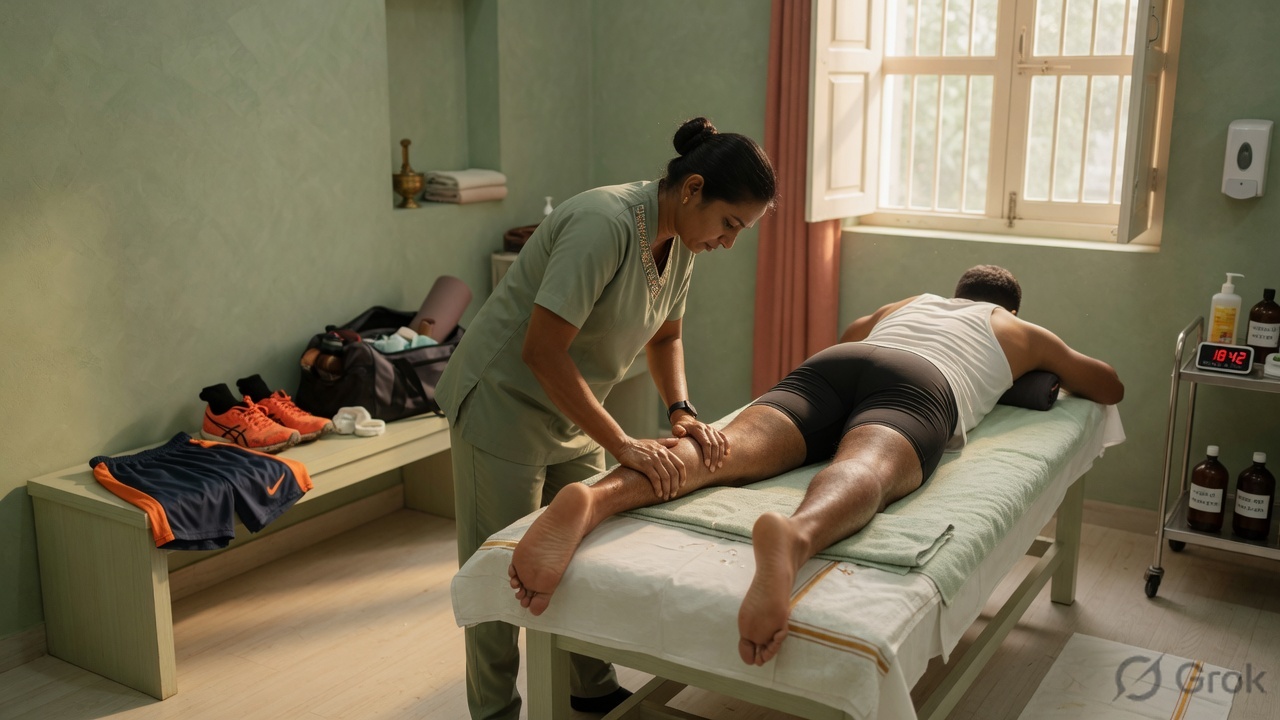 A therapist delivering sports massage on an athlete’s calf