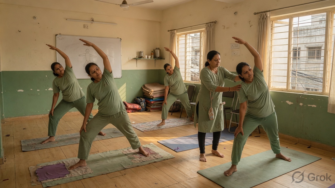 Students practising a standing yoga pose in an Anora training studio